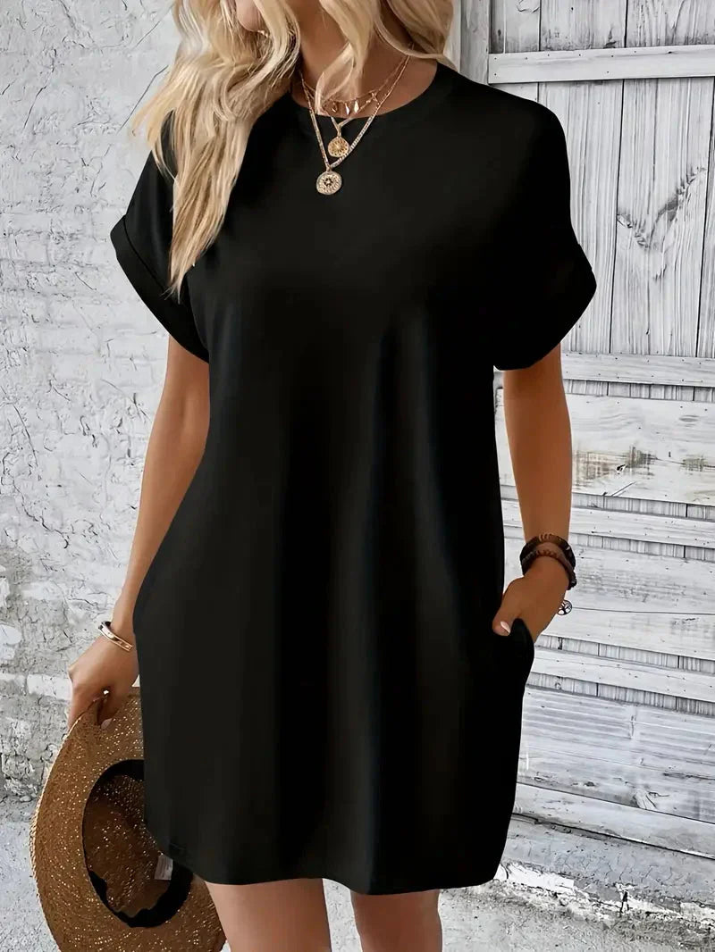 Saniya | Casual Loose Fit T-shirt Jurk met Korte Mouwen & Zakken - Mini Jurk