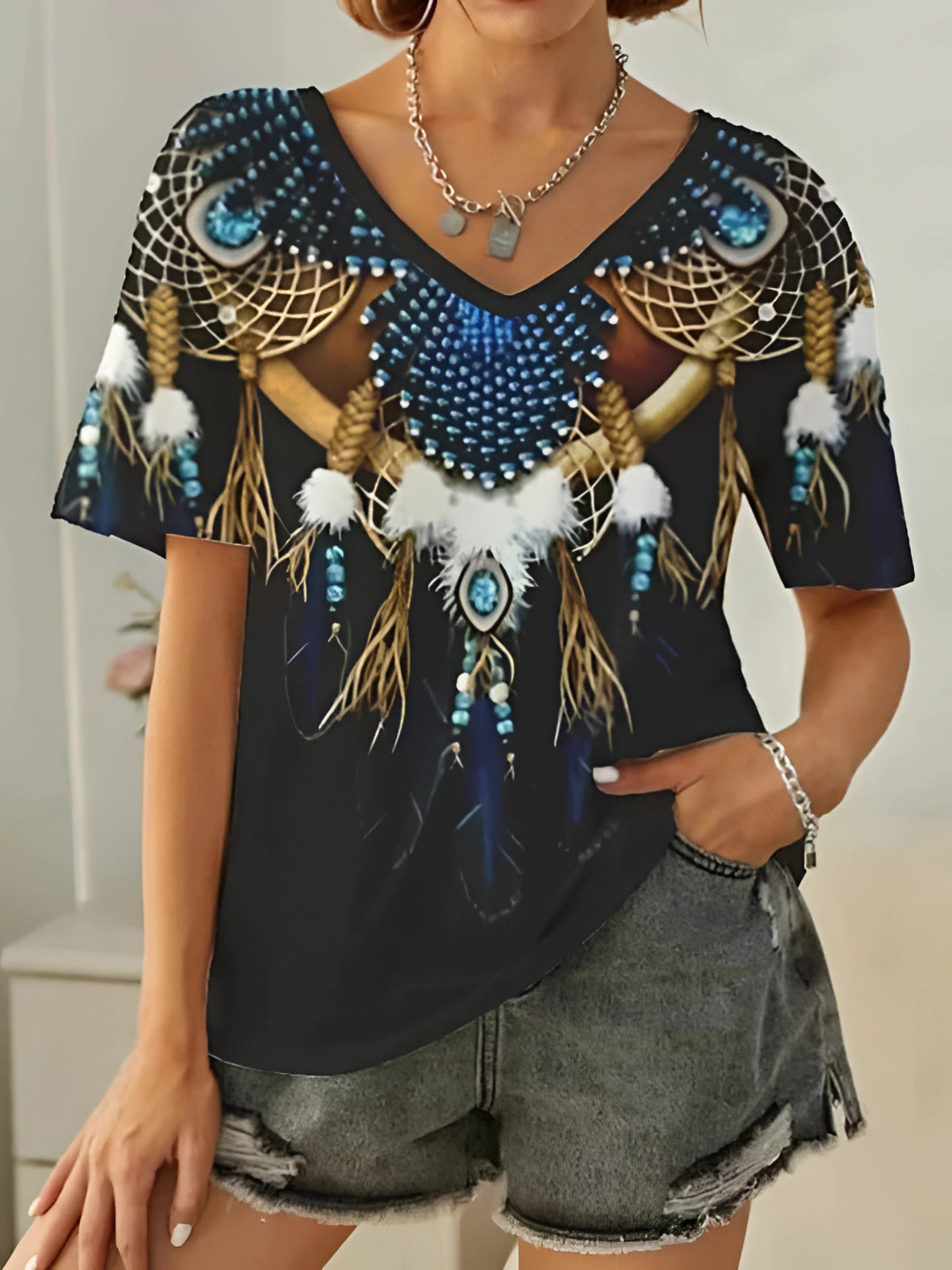 Ysolt | Loose Fit T-shirt met Boho Tribal print voor dames - Zwart grafisch T-shirt
