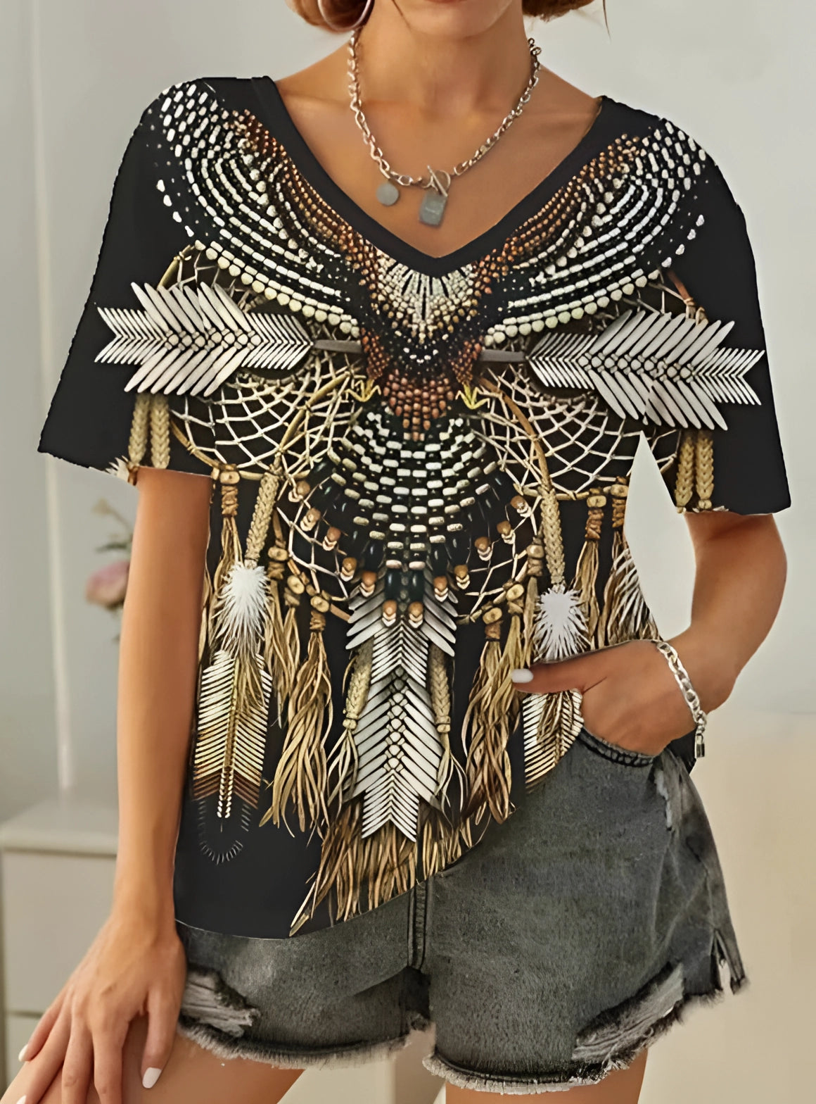Ysolt | Loose Fit T-shirt met Boho Tribal print voor dames - Zwart grafisch T-shirt