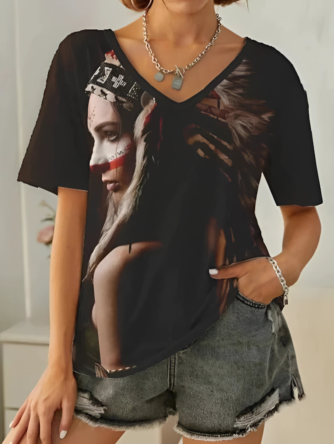Ysolt | Loose Fit T-shirt met Boho Tribal print voor dames - Zwart grafisch T-shirt