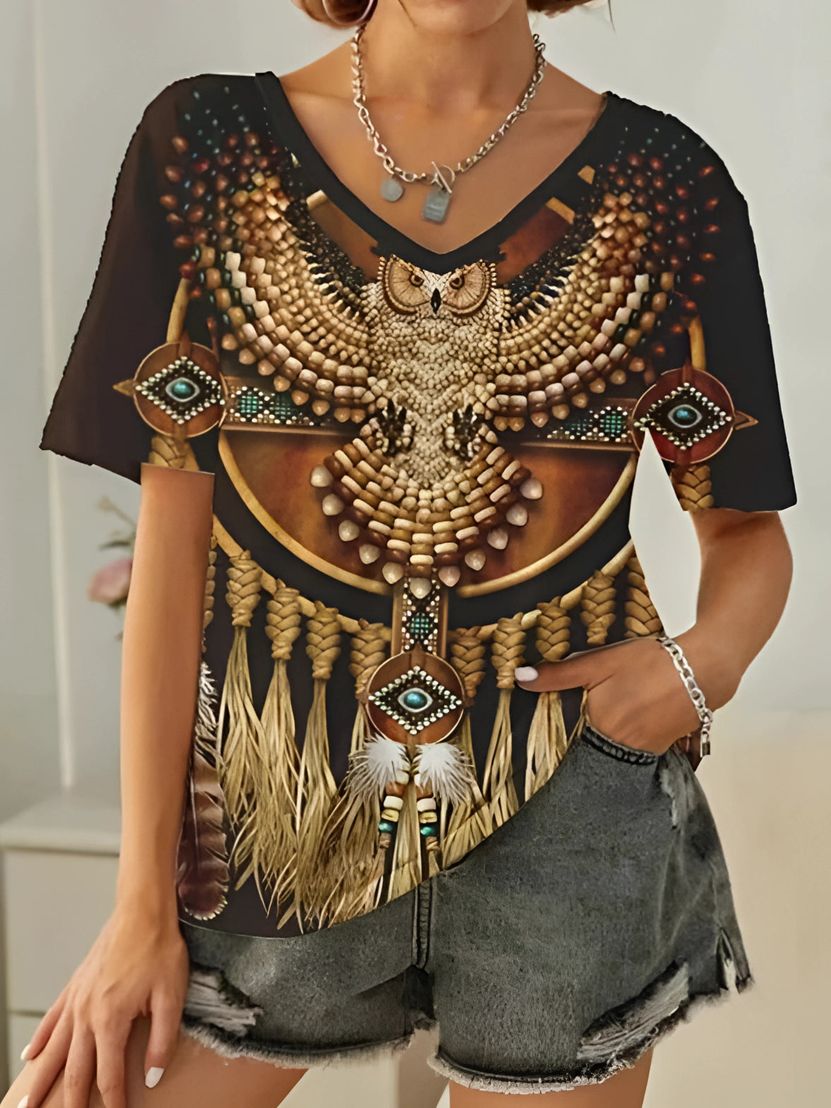 Ysolt | Loose Fit T-shirt met Boho Tribal print voor dames - Zwart grafisch T-shirt