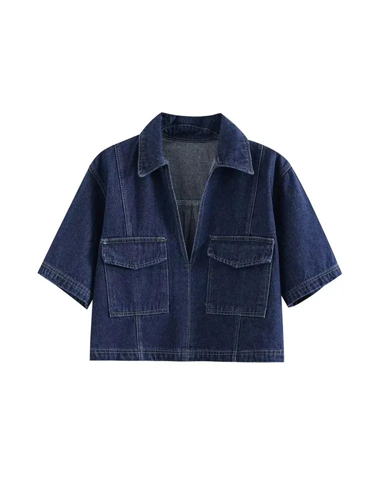 Zophira | Dames denim 2-delige outfit – shirt met korte mouwen en asymmetrische minirok, casual chique set