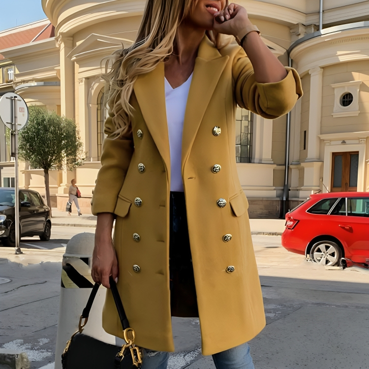 Zenobia | Lange jas met decoratieve gouden knopen – getailleerde pasvorm, elegante winterjas