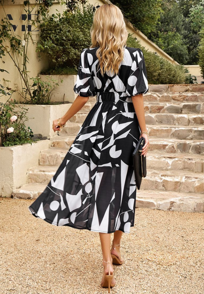 Gizela | Elegante Midi-jurk met bloemenprint en pofmouwen - Lichtgewicht, vloeiende feestjurk