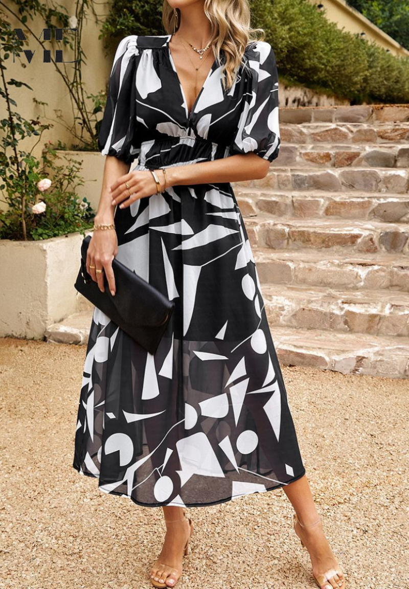 Gizela | Elegante Midi-jurk met bloemenprint en pofmouwen - Lichtgewicht, vloeiende feestjurk