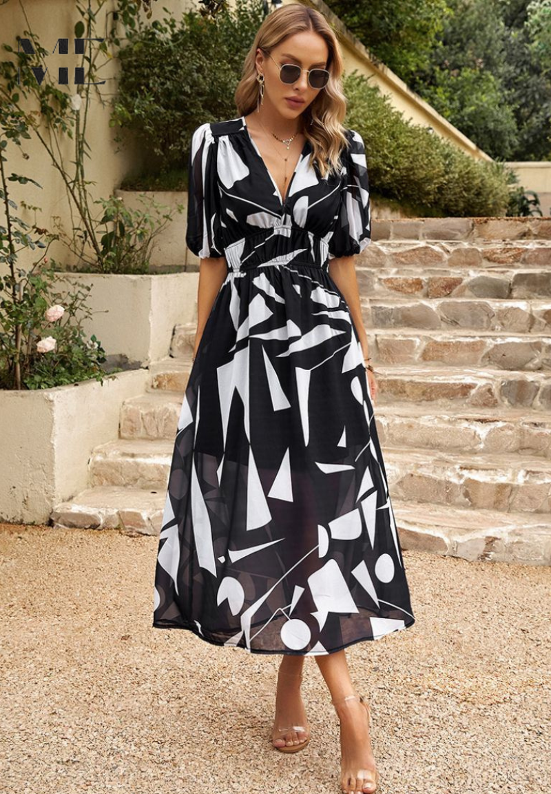 Gizela | Elegante Midi-jurk met bloemenprint en pofmouwen - Lichtgewicht, vloeiende feestjurk