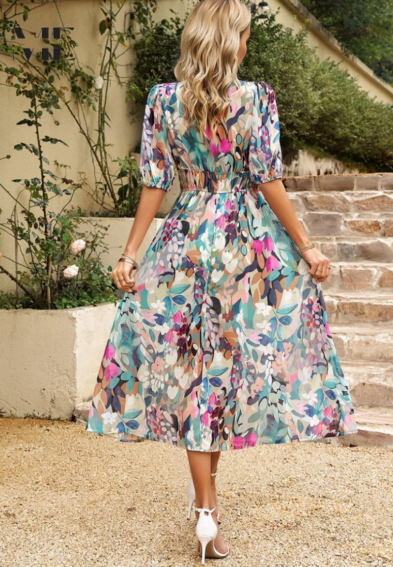 Gizela | Elegante Midi-jurk met bloemenprint en pofmouwen - Lichtgewicht, vloeiende feestjurk