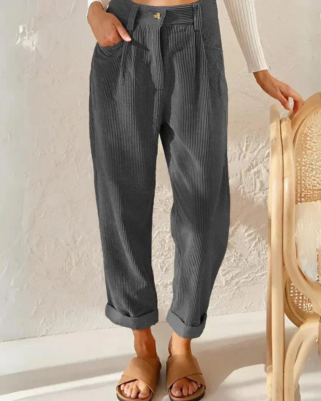 Eshara | Corduroy broek met hoge taille voor dames - Elegante enkellange broek