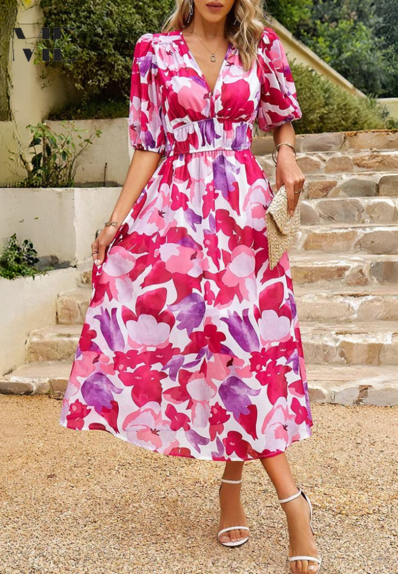 Gizela | Elegante Midi-jurk met bloemenprint en pofmouwen - Lichtgewicht, vloeiende feestjurk
