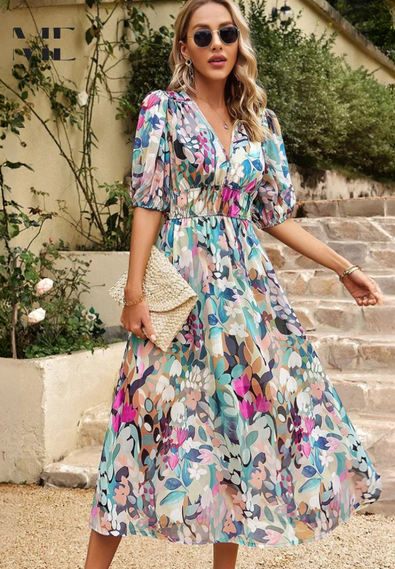 Gizela | Elegante Midi-jurk met bloemenprint en pofmouwen - Lichtgewicht, vloeiende feestjurk