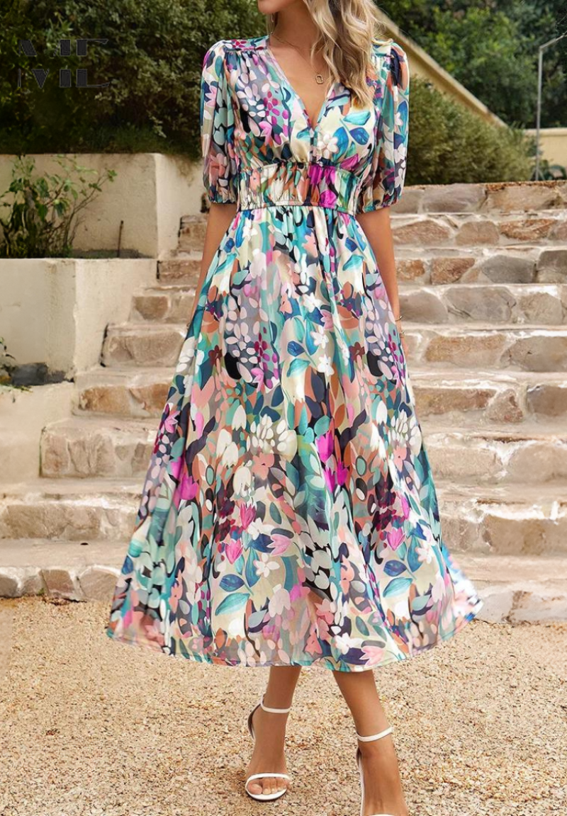 Gizela | Elegante Midi-jurk met bloemenprint en pofmouwen - Lichtgewicht, vloeiende feestjurk