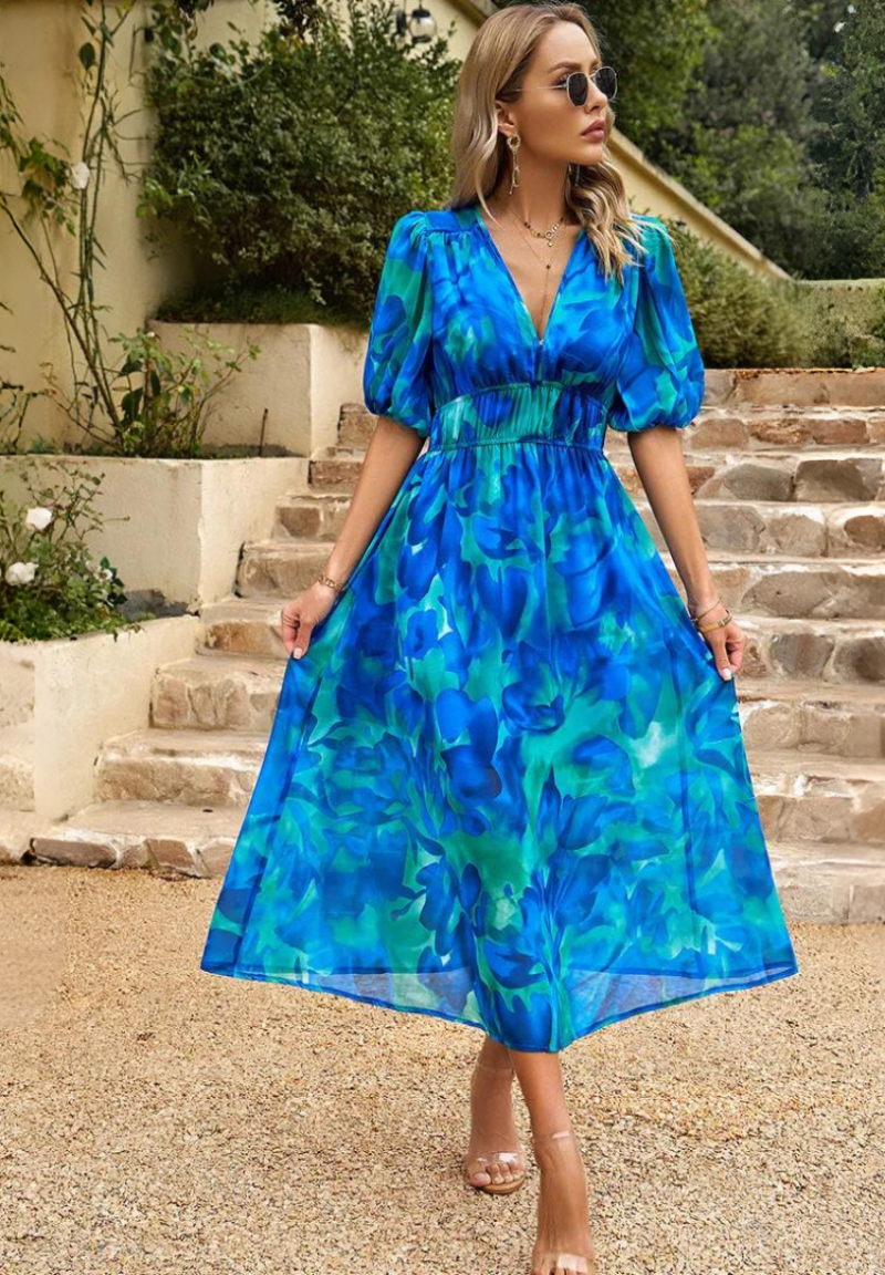 Gizela | Elegante Midi-jurk met bloemenprint en pofmouwen - Lichtgewicht, vloeiende feestjurk