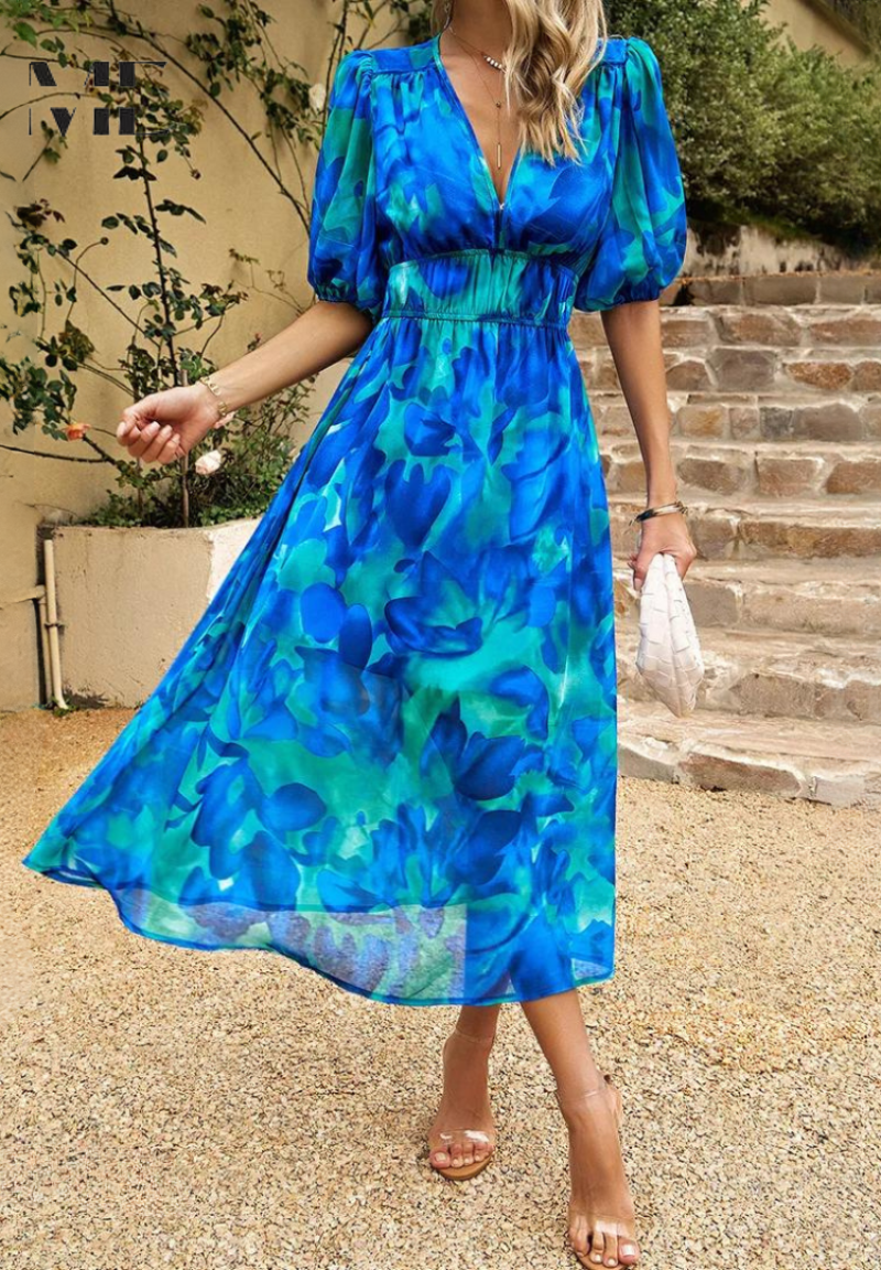 Gizela | Elegante Midi-jurk met bloemenprint en pofmouwen - Lichtgewicht, vloeiende feestjurk