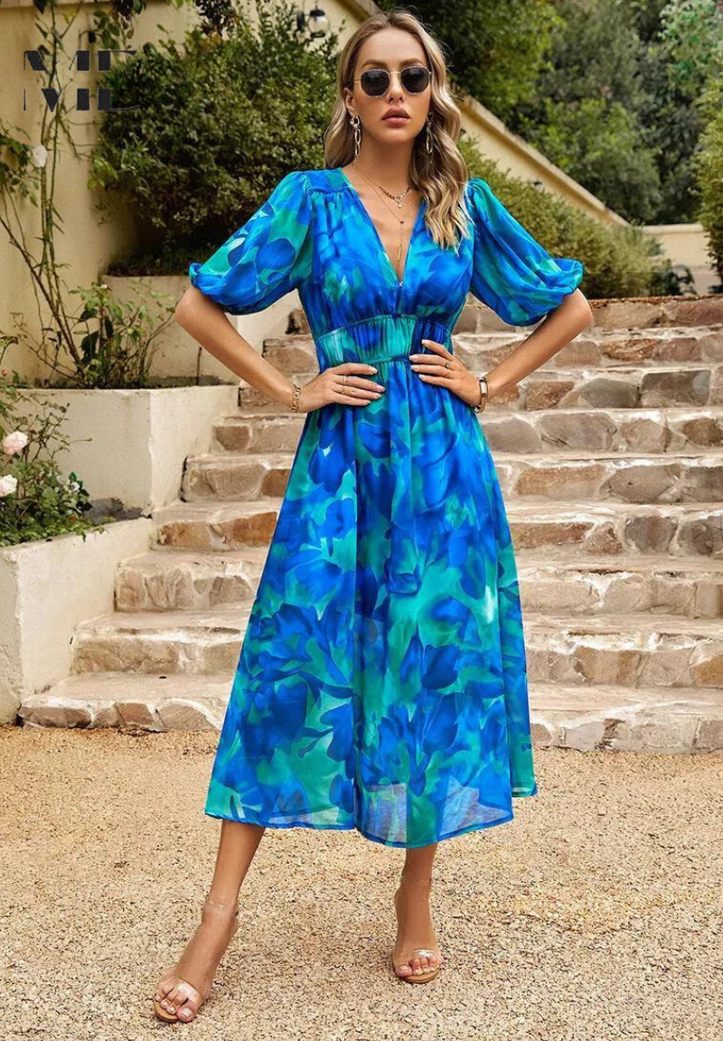 Gizela | Elegante Midi-jurk met bloemenprint en pofmouwen - Lichtgewicht, vloeiende feestjurk