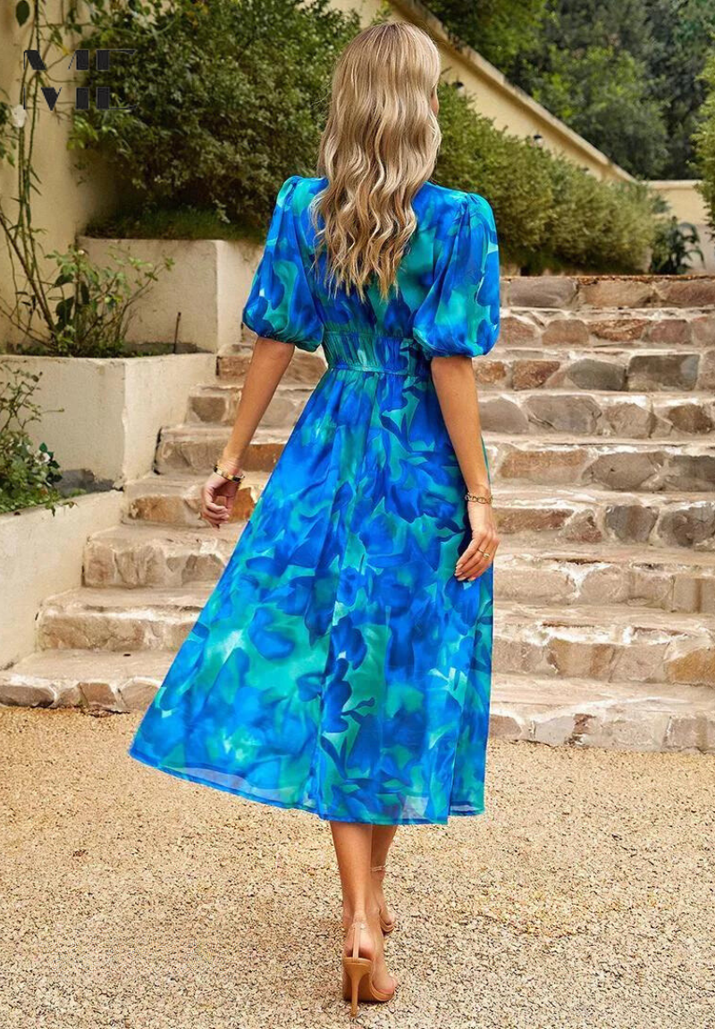 Gizela | Elegante Midi-jurk met bloemenprint en pofmouwen - Lichtgewicht, vloeiende feestjurk