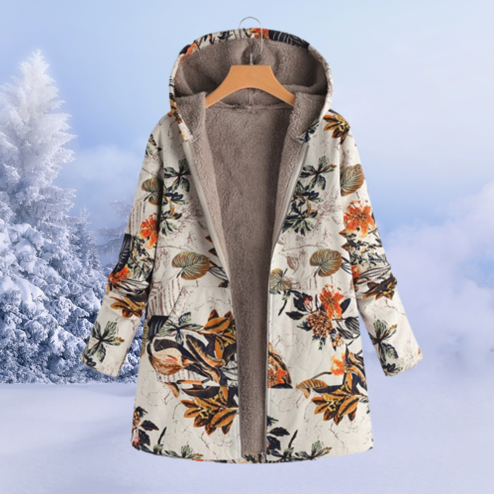 Ariana | Winterjas, fleece gevoerd, bloemenpatroon, capuchon, warme en stijlvolle bovenkleding
