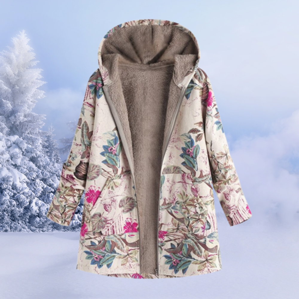 Ariana | Winterjas, fleece gevoerd, bloemenpatroon, capuchon, warme en stijlvolle bovenkleding
