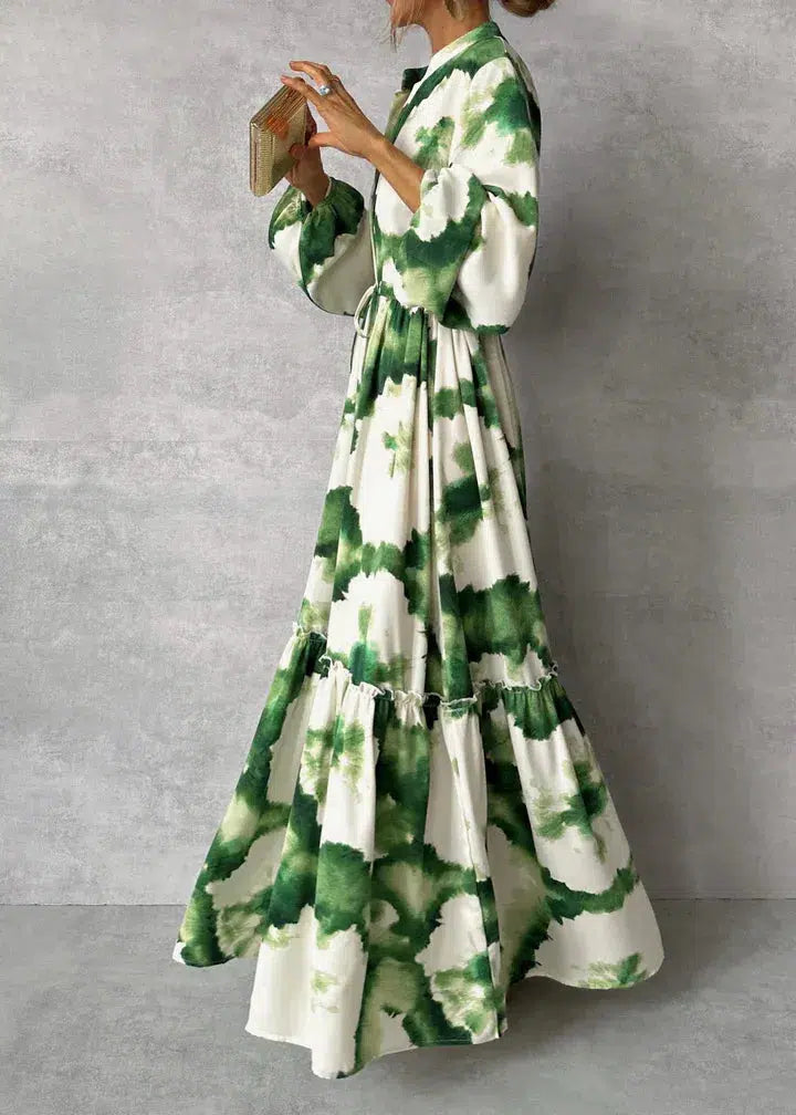 Lyka | Elegante groene maxi-jurk – lange mouwen, V-hals, soepelvallend, formele avondjurk