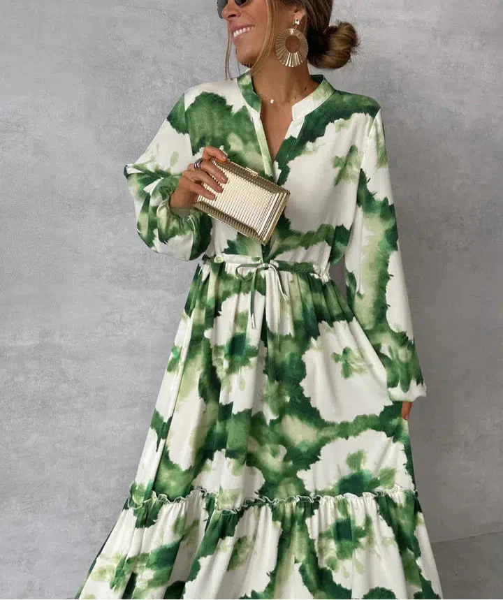 Lyka | Elegante groene maxi-jurk – lange mouwen, V-hals, soepelvallend, formele avondjurk