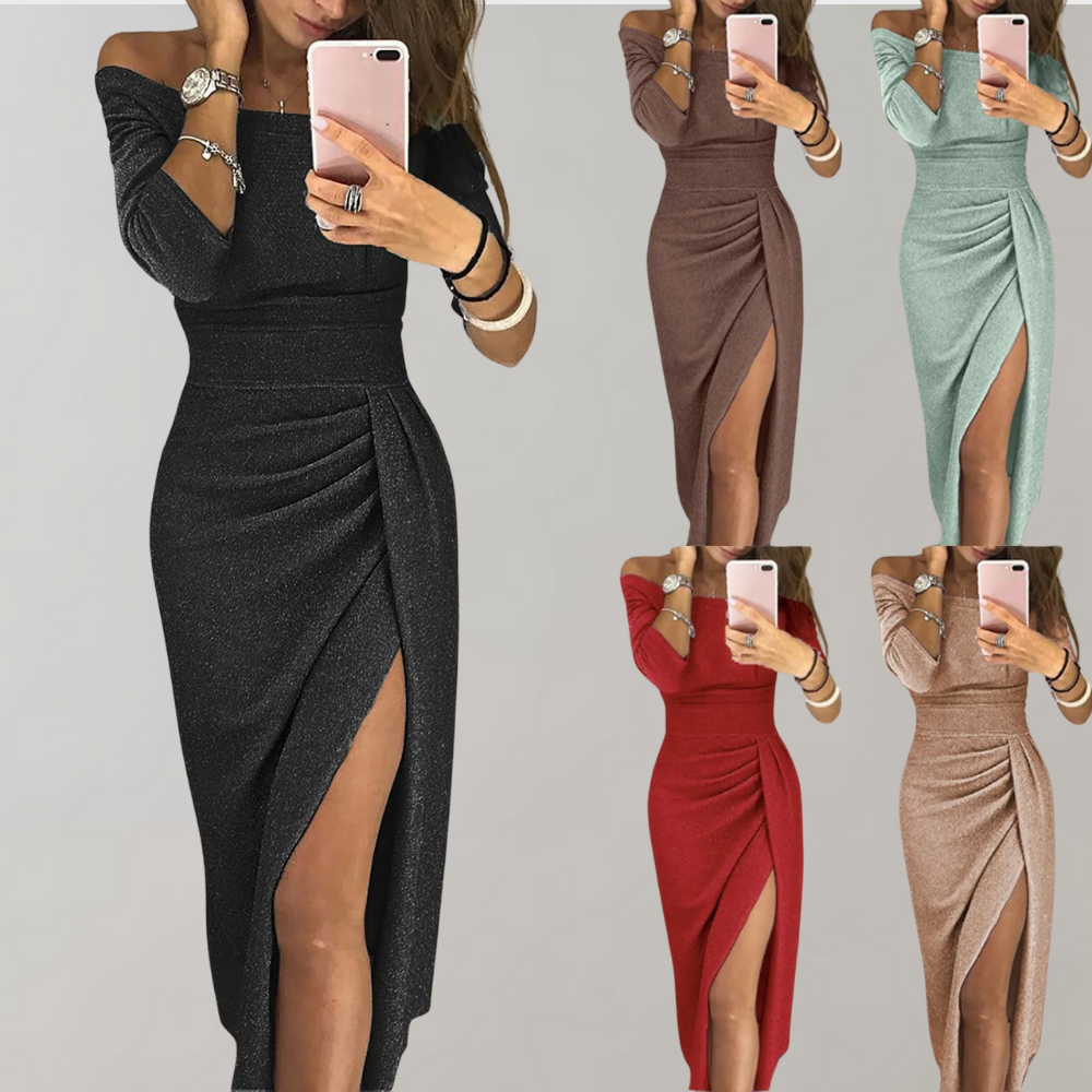 Vilja | Glitter Jurk voor Dames - Off-Shoulder Lange Jurk met Split
