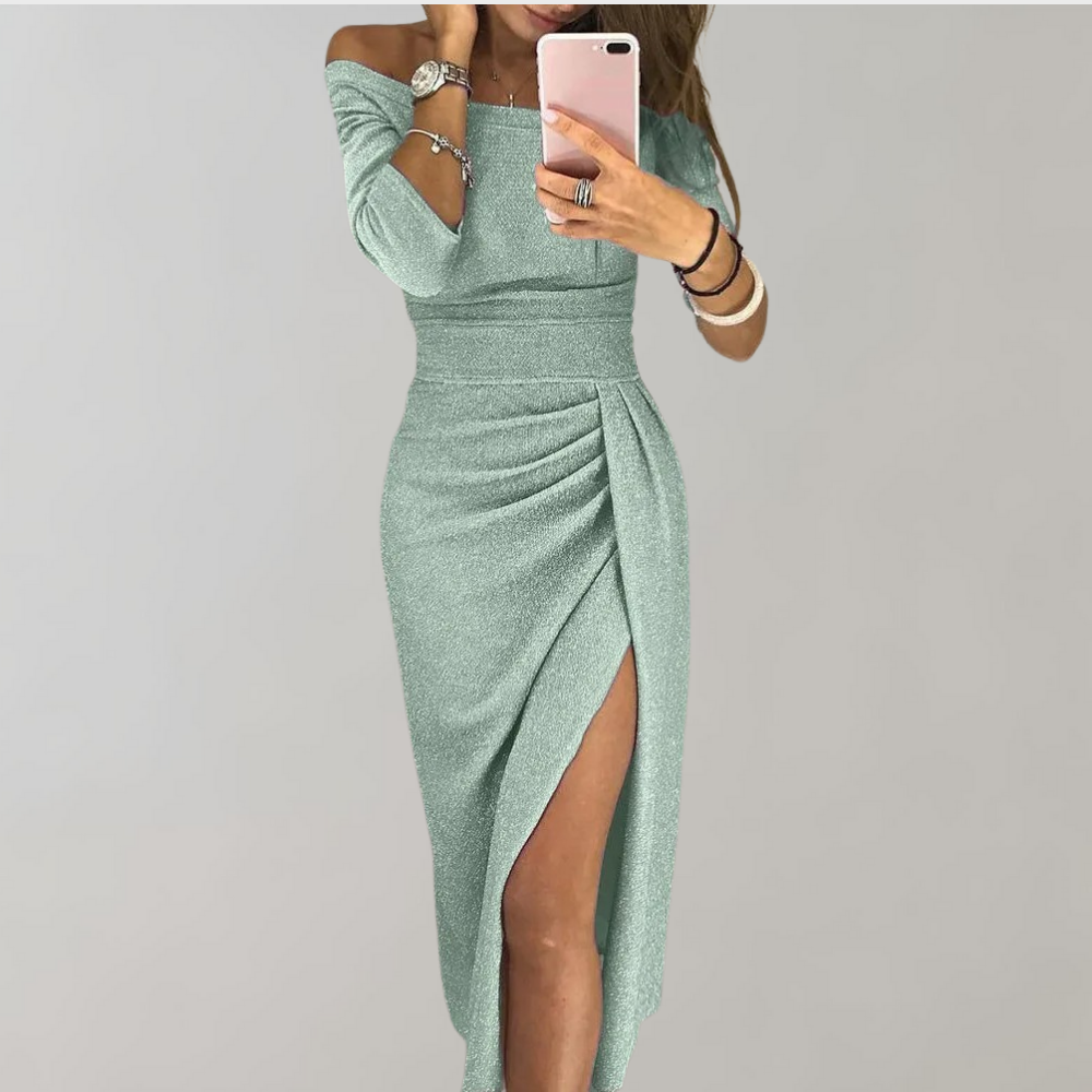 Vilja | Glitter Jurk voor Dames - Off-Shoulder Lange Jurk met Split