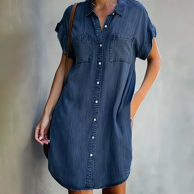 Malaya | Casual Denim Jurk met Knoopsluiting - Korte mouw Jean Shirt Jurk