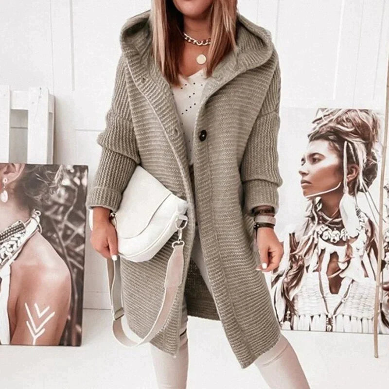 Chrysanthe | Lange gebreide cardigan met capuchon – zachte wolmix trui, casual warme laag