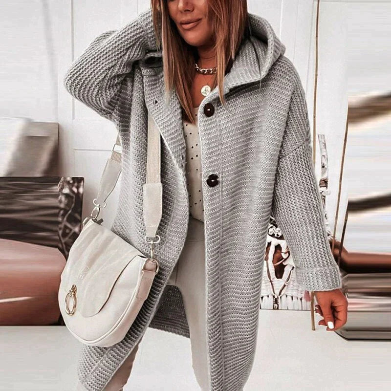 Chrysanthe | Lange gebreide cardigan met capuchon – zachte wolmix trui, casual warme laag