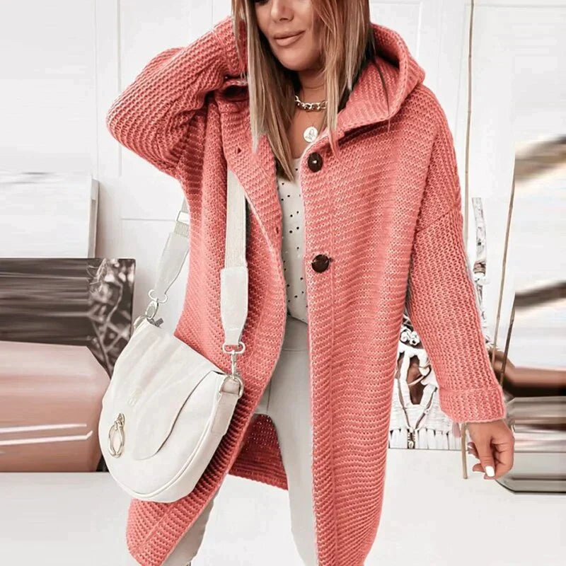 Chrysanthe | Lange gebreide cardigan met capuchon – zachte wolmix trui, casual warme laag