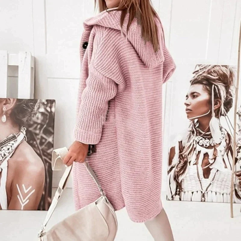 Chrysanthe | Lange gebreide cardigan met capuchon – zachte wolmix trui, casual warme laag