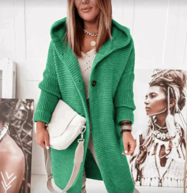 Chrysanthe | Lange gebreide cardigan met capuchon – zachte wolmix trui, casual warme laag