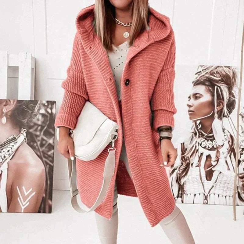 Chrysanthe | Lange gebreide cardigan met capuchon – zachte wolmix trui, casual warme laag