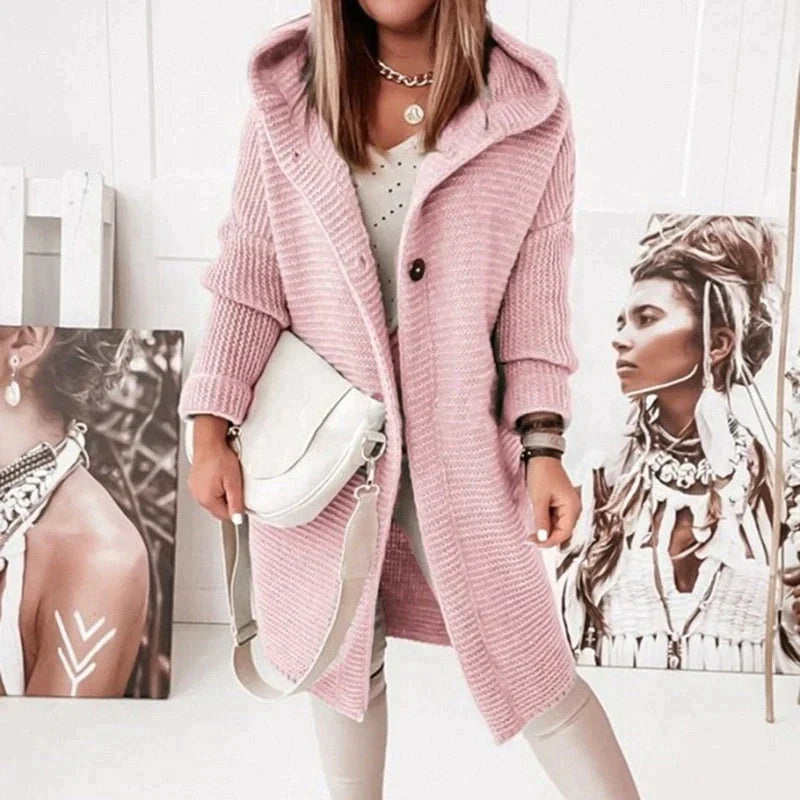 Chrysanthe | Lange gebreide cardigan met capuchon – zachte wolmix trui, casual warme laag
