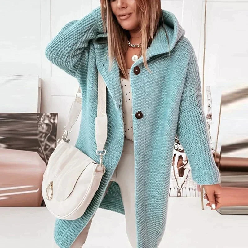 Chrysanthe | Lange gebreide cardigan met capuchon – zachte wolmix trui, casual warme laag