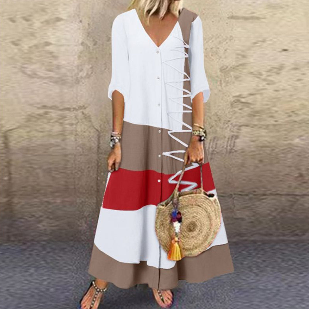 Pandora | Boho kleurblok maxi-jurk - Bedrukt, Halve Mouwen, Trendy & Comfortabel
