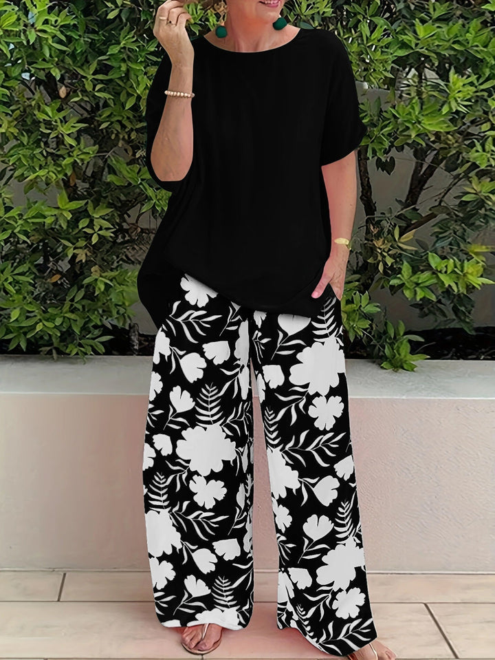 Jaryssa | Dames 2-delige set – effen top met korte mouwen en wijde broek met print, comfortabele casual outfit