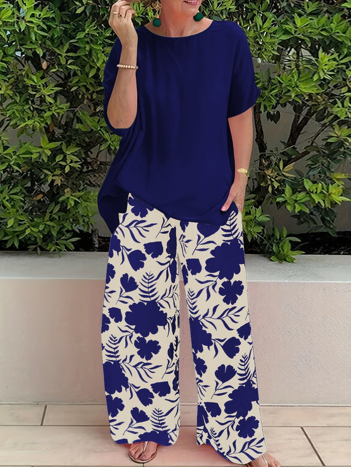 Jaryssa | Dames 2-delige set – effen top met korte mouwen en wijde broek met print, comfortabele casual outfit