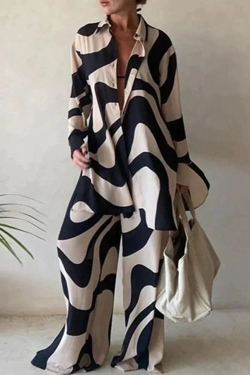 Helvea | Geometrische print losse pasvorm overhemd & broek met lange mouwen voor dames