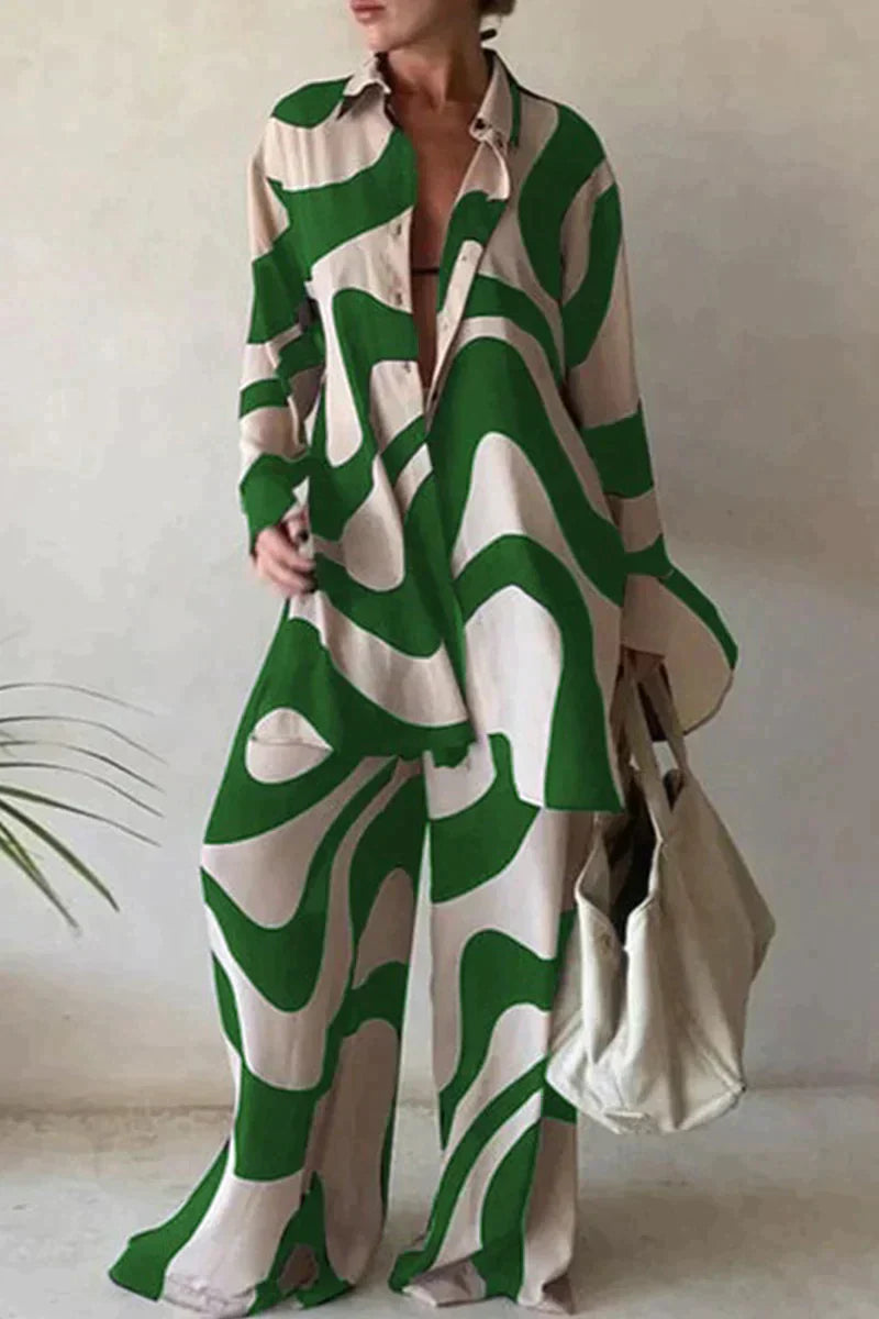 Helvea | Geometrische print losse pasvorm overhemd & broek met lange mouwen voor dames
