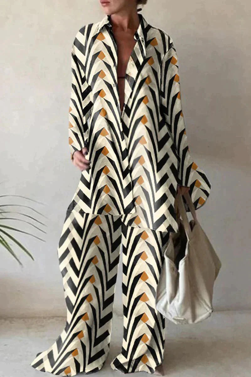 Helvea | Geometrische print losse pasvorm overhemd & broek met lange mouwen voor dames