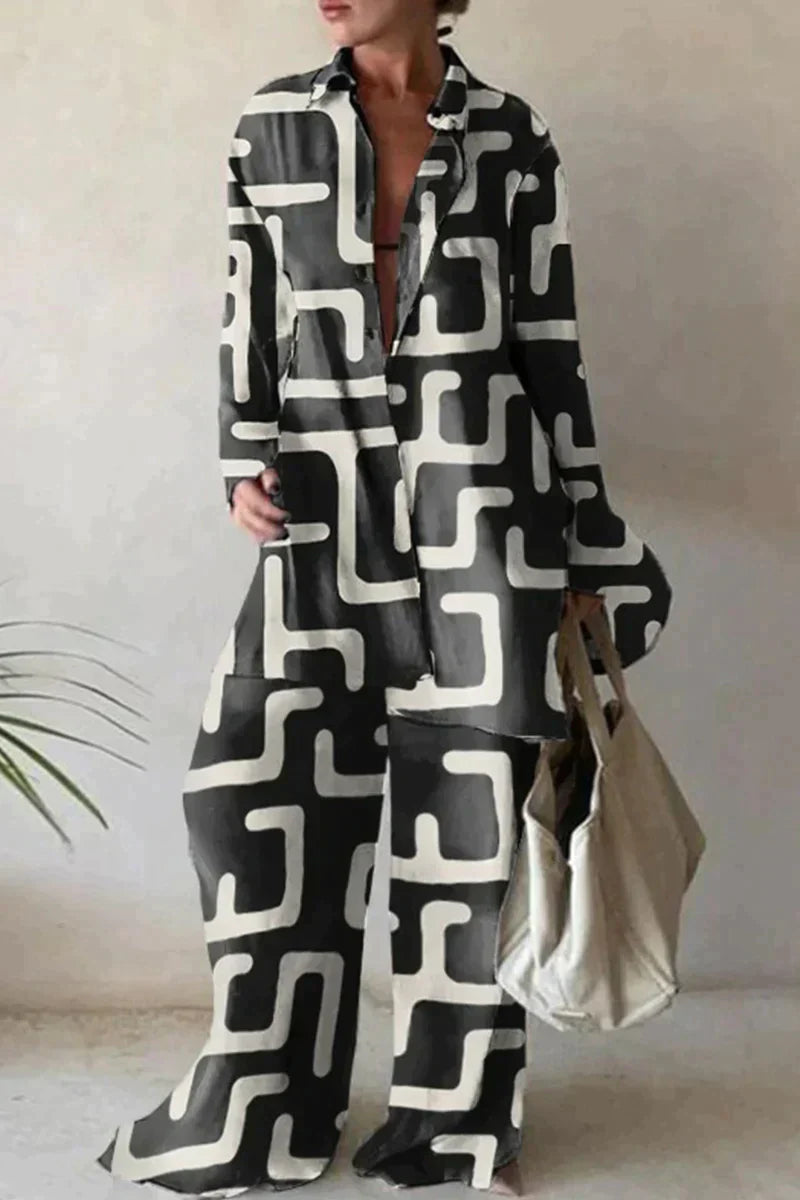 Helvea | Geometrische print losse pasvorm overhemd & broek met lange mouwen voor dames