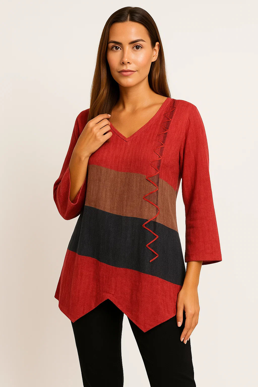 Nyelle | Vrouwen Multicolor V-Hals Blouse - Losjes, 3/4-Mouwen Onregelmatige Hem Casual Top