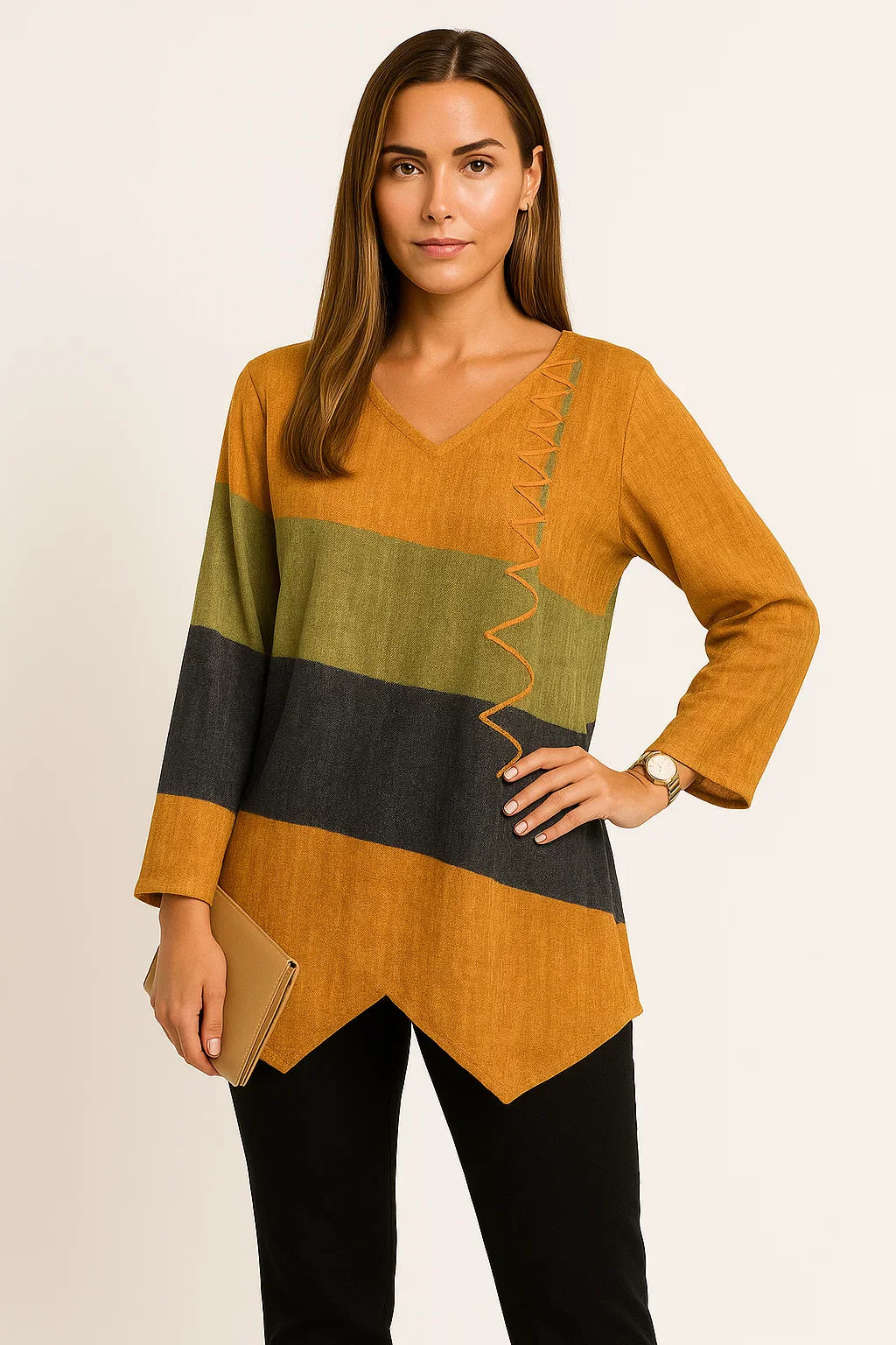 Nyelle | Vrouwen Multicolor V-Hals Blouse - Losjes, 3/4-Mouwen Onregelmatige Hem Casual Top