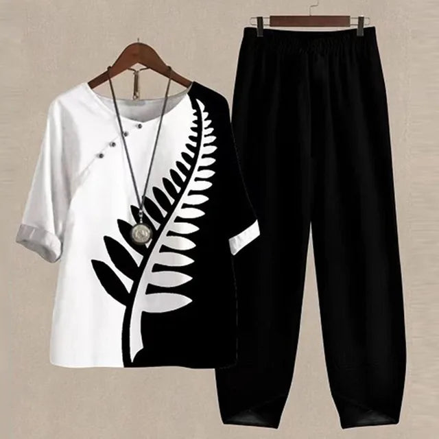 Lorina | Casual zomerse tweedelige set voor vrouwen - losse blouse & broek met wijde pijpen