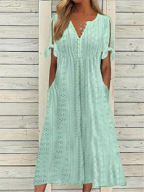 Rhessa | Midi-jurk met oogjesborduursel - Zomerjurk met V-hals voor dames