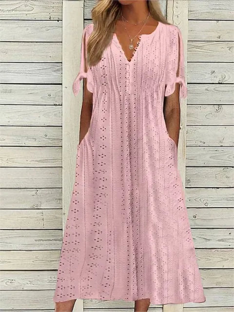 Rhessa | Midi-jurk met oogjesborduursel - Zomerjurk met V-hals voor dames