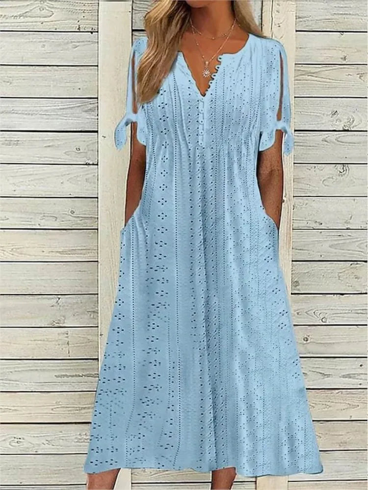 Rhessa | Midi-jurk met oogjesborduursel - Zomerjurk met V-hals voor dames