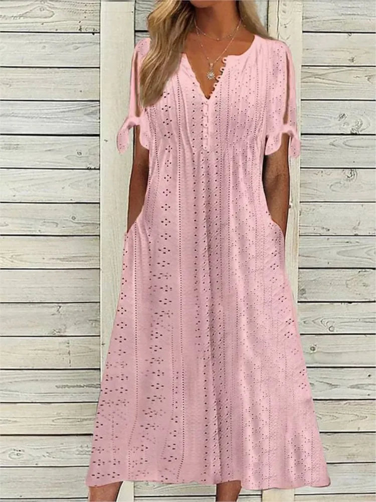 Rhessa | Midi-jurk met oogjesborduursel - Zomerjurk met V-hals voor dames