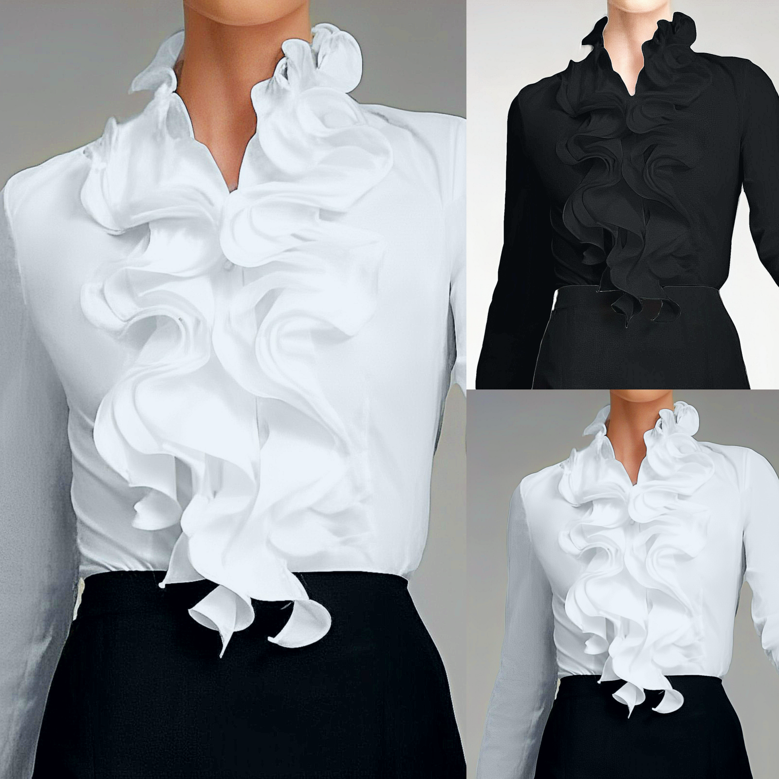 Bellanise | Blouse met lange mouwen en ruches aan de hals – Elegante chiffon top voor op kantoor