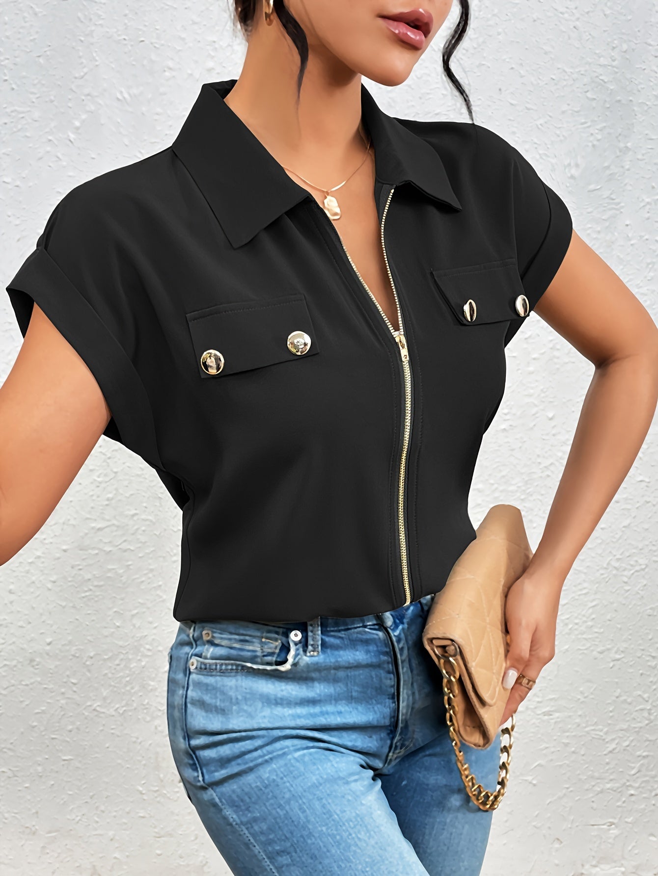 Vedis | Elegante Blouse met Ritssluiting voor Vrouwen - Chic Korte Mouw Top met Reverskraag